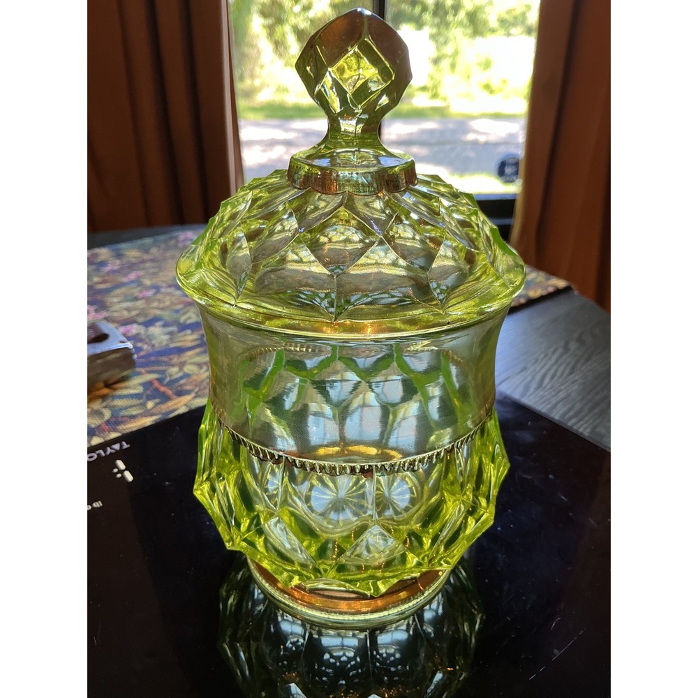 Antique Beaumont Glass Vaseline/Uranium Candy Jar with Lid - Picture 4 of 16